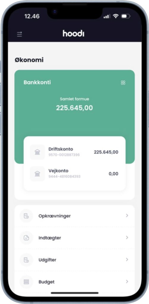 HOODI app viser regnskabssystem med bankkonti, drift, vej og budgetoversigt.